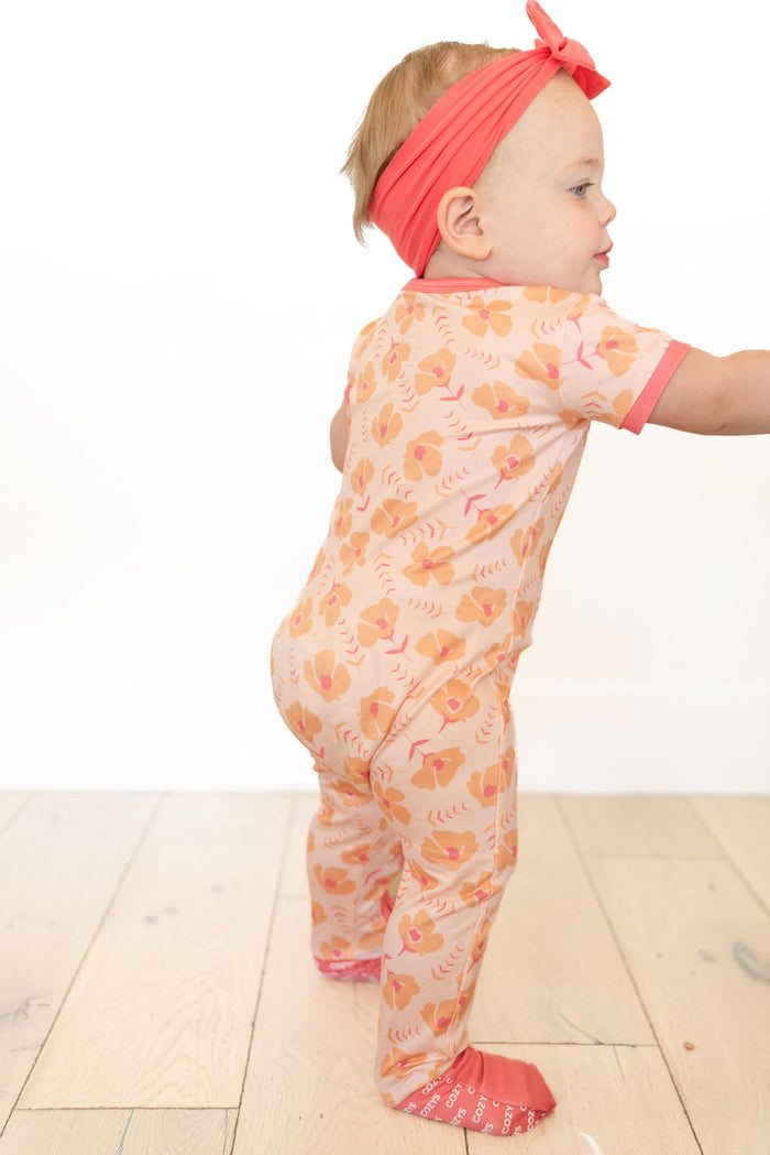 CORAL + ORANGE FLORAL | SHORT SLEEVE ZIPPER ONE PIECE