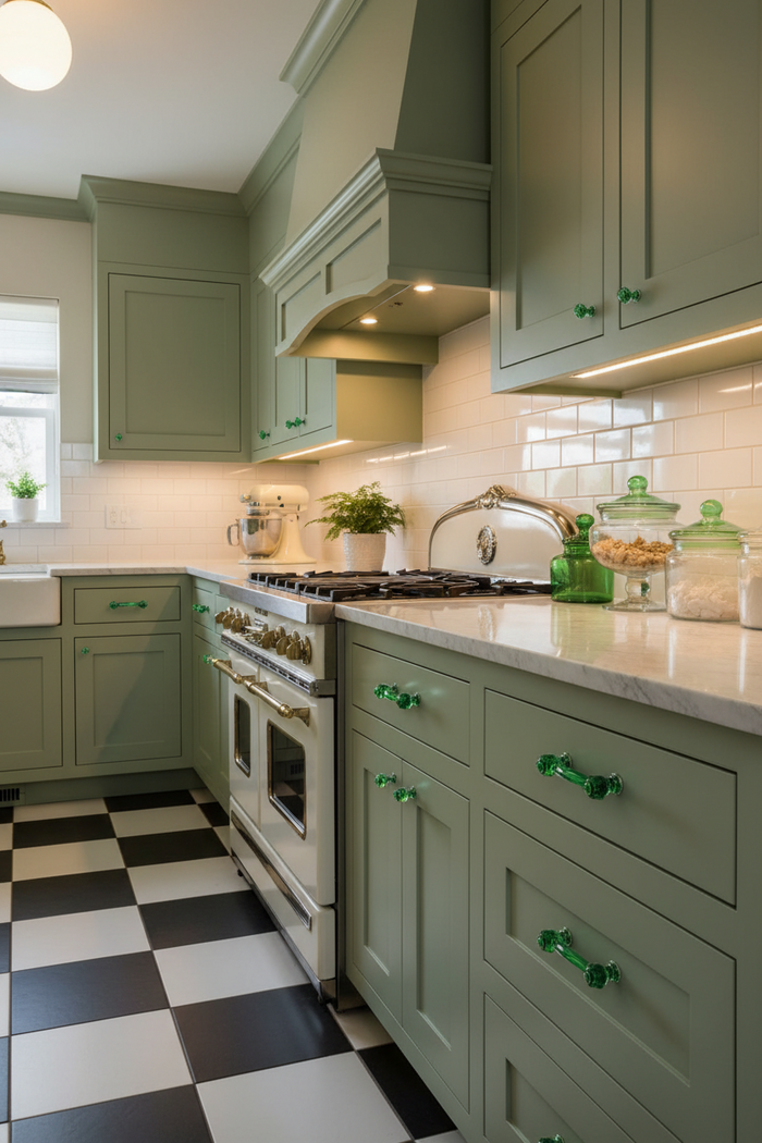Green glass handles and matching knobs in stylish kitchen setting - Paxton Hardware