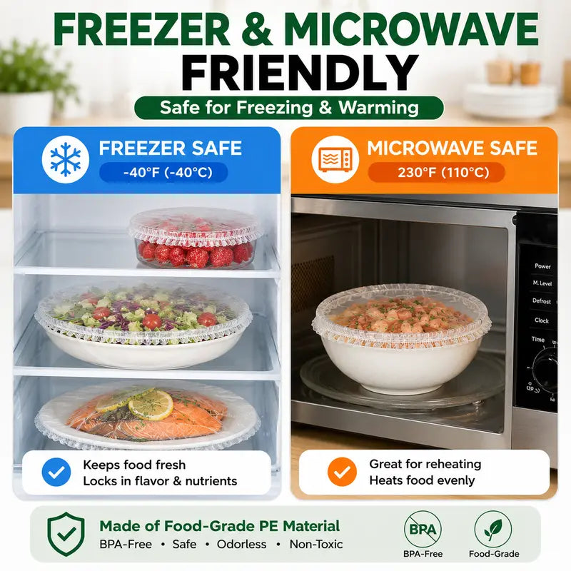 100PCS Disposable Elastic Food Covers - Kitchenware Plate Covers, Multi-Dish Lids, Plastic Wrap Alternative for Food Storage