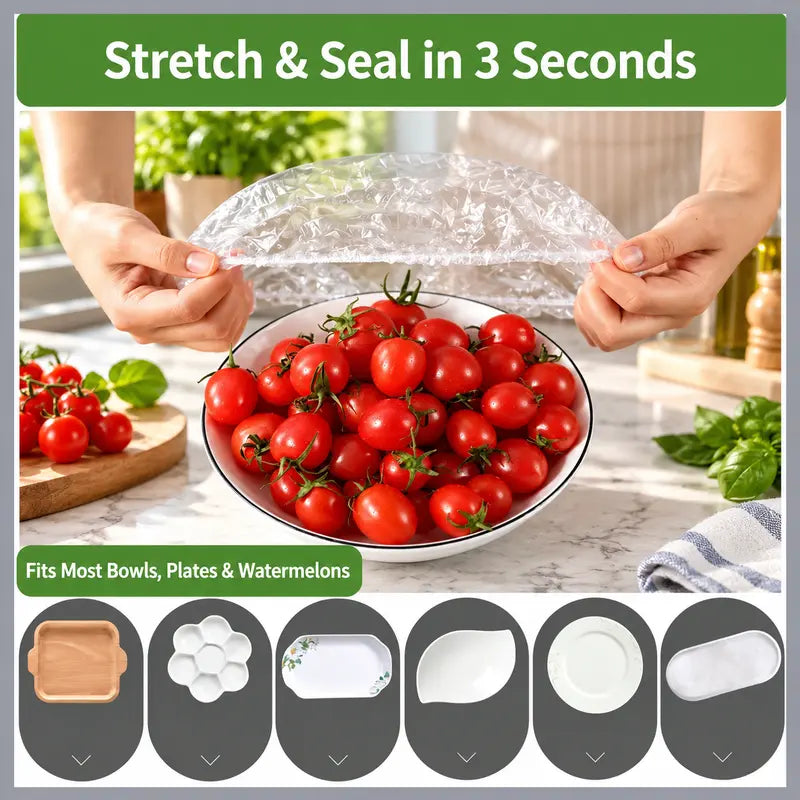 100PCS Disposable Elastic Food Covers - Kitchenware Plate Covers, Multi-Dish Lids, Plastic Wrap Alternative for Food Storage