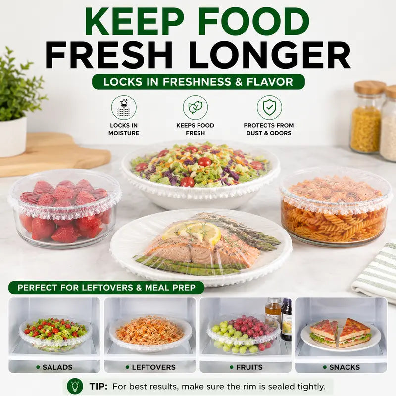 100PCS Disposable Elastic Food Covers - Kitchenware Plate Covers, Multi-Dish Lids, Plastic Wrap Alternative for Food Storage