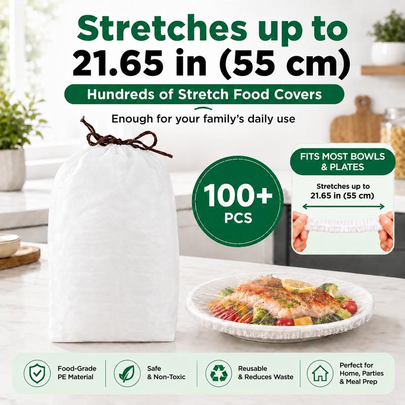 100PCS Disposable Elastic Food Covers - Kitchenware Plate Covers, Multi-Dish Lids, Plastic Wrap Alternative for Food Storage