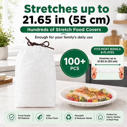 100PCS Disposable Elastic Food Covers - Kitchenware Plate Covers, Multi-Dish Lids, Plastic Wrap Alternative for Food Storage