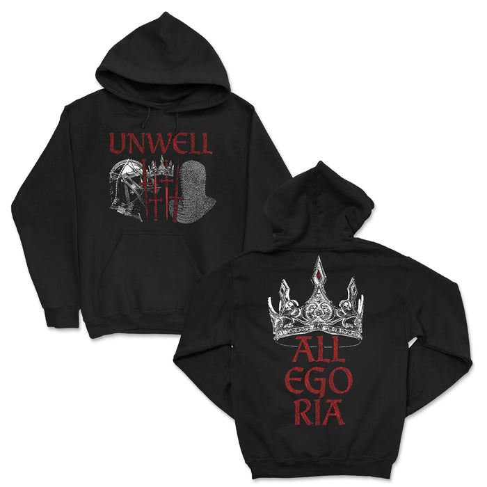 Unwell custom black hoodie features a medieval helmet and axe graphic with UNWELL on the front; detailed crown and bold red ALL EGORIA on the back. Printed by Independent Trading Co. for standout style.
