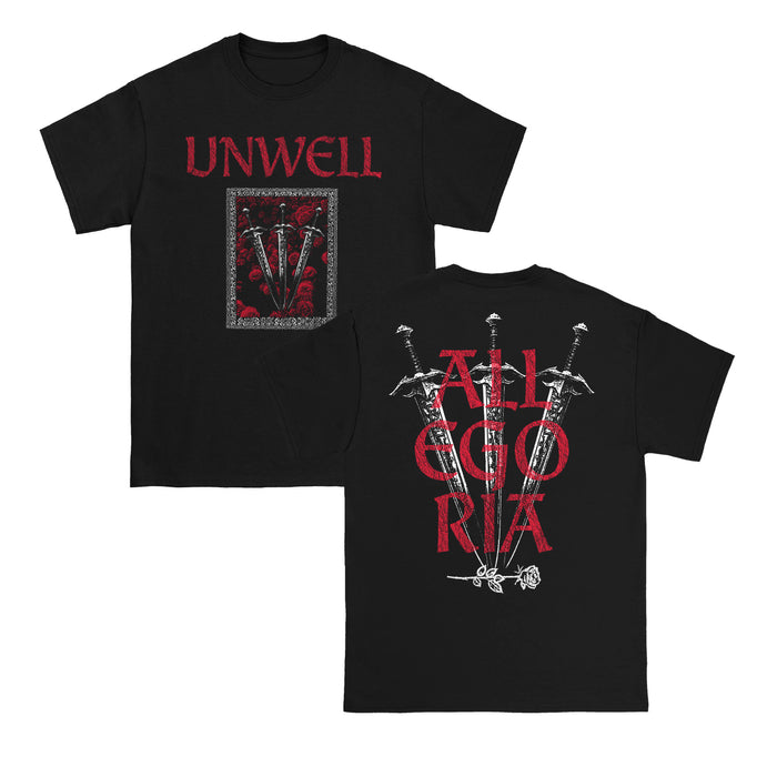 Unwell black Gildan Heavy tee featuring “UNWELL” in red above three crossed swords and roses on the front; “ALLEGORIA” in large letters over the same swords and rose graphic on the back.