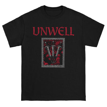 Unwell black Gildan t-shirt featuring UNWELL in red above three downward swords over red roses, all within a white decorative border. A bold printed shirt for any collection.