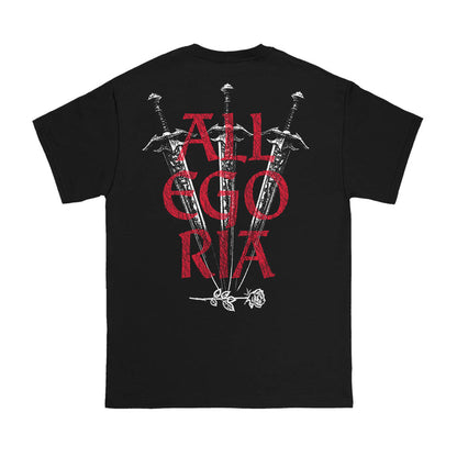 Unwell black Gildan t-shirt with three illustrated swords and a single rose at the base. Bold red ALLEGORIA text overlays the swords on the back, creating a striking printed design.