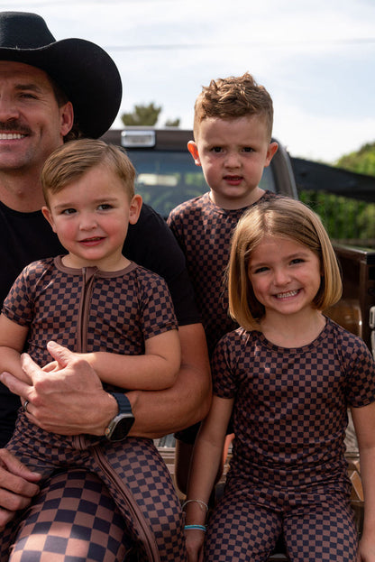 BLACK + BROWN MINI CHECKER | SHORT SLEEVE ZIPPER ONE PIECE