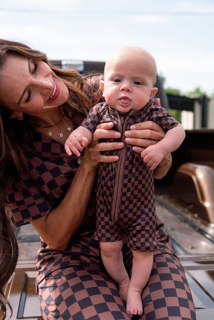 BLACK + BROWN MINI CHECKER | SHORT ZIPPER ONE PIECE