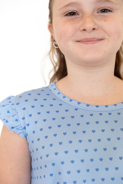 BLUE MINI HEARTS | RUFFLE SLEEVE DRESS