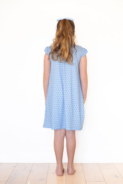 BLUE MINI HEARTS | RUFFLE SLEEVE DRESS