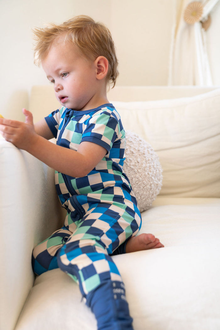 BLUE MULTICOLOR CHECKER | SHORT SLEEVE ZIPPER ONE PIECE