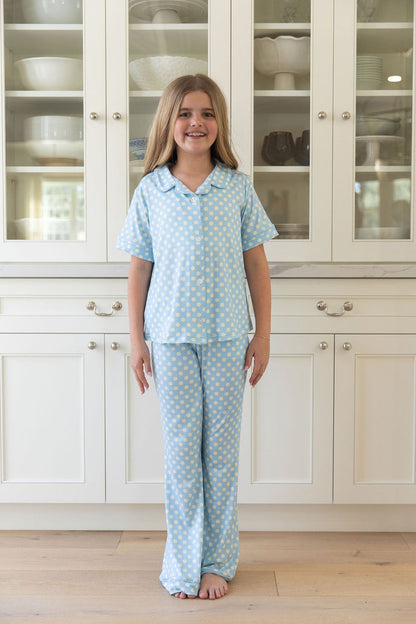 BLUE + YELLOW POLKADOTS | GIRLS' BUTTON UP SHORT SLEEVE SET