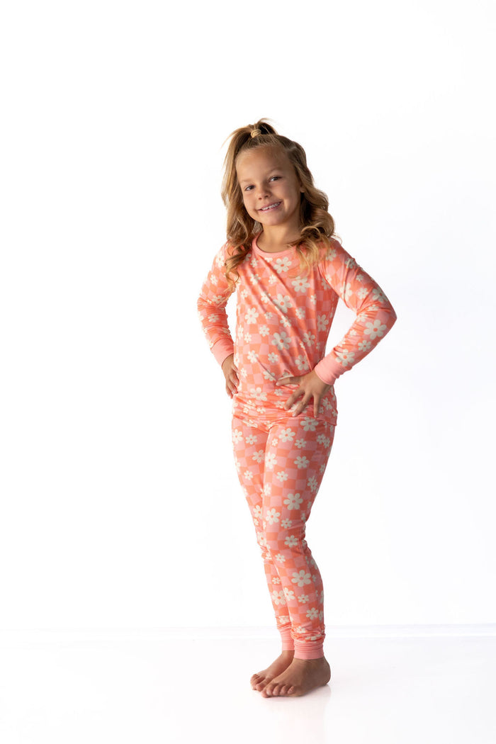 BRIGHT CORAL + PINK DAISY CHECKER | LONG SLEEVE