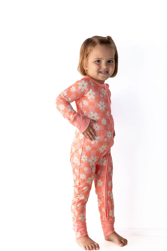 BRIGHT CORAL + PINK DAISY CHECKER | ZIPPER ONE PIECE