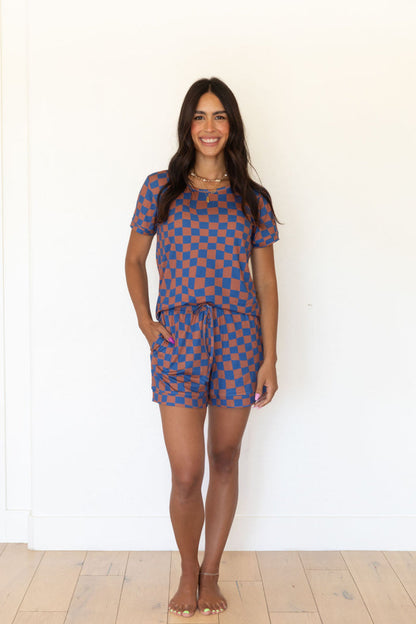 BROWN + ROYAL BLUE WAVY CHECKER | WOMEN'S SHORT SET
