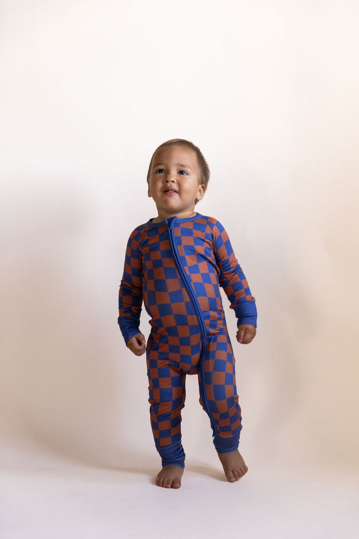BROWN + ROYAL BLUE WAVY CHECKER | ZIPPER ONE PIECE