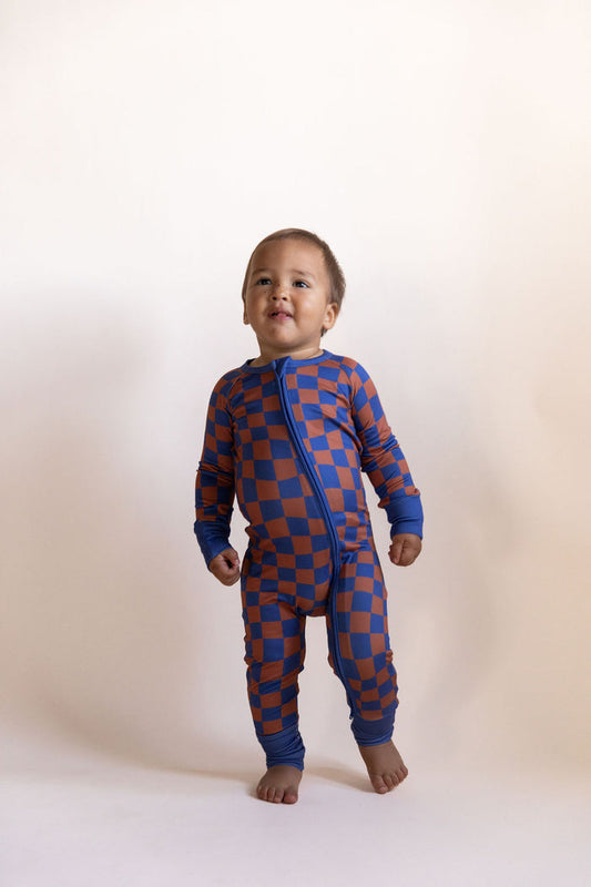 BROWN + ROYAL BLUE WAVY CHECKER | ZIPPER ONE PIECE