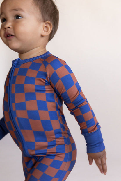 BROWN + ROYAL BLUE WAVY CHECKER | ZIPPER ONE PIECE