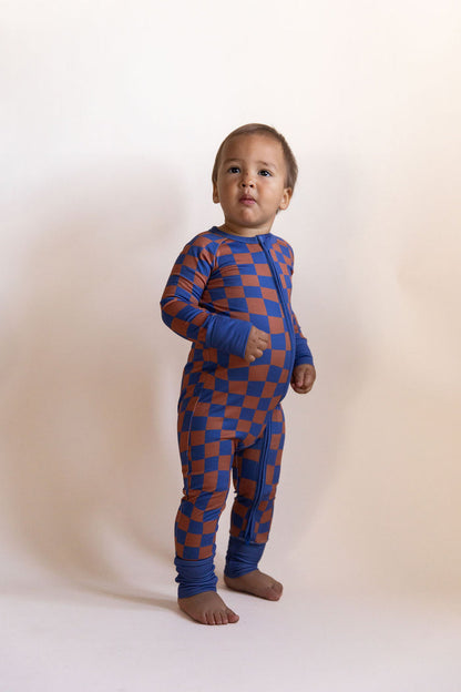 BROWN + ROYAL BLUE WAVY CHECKER | ZIPPER ONE PIECE