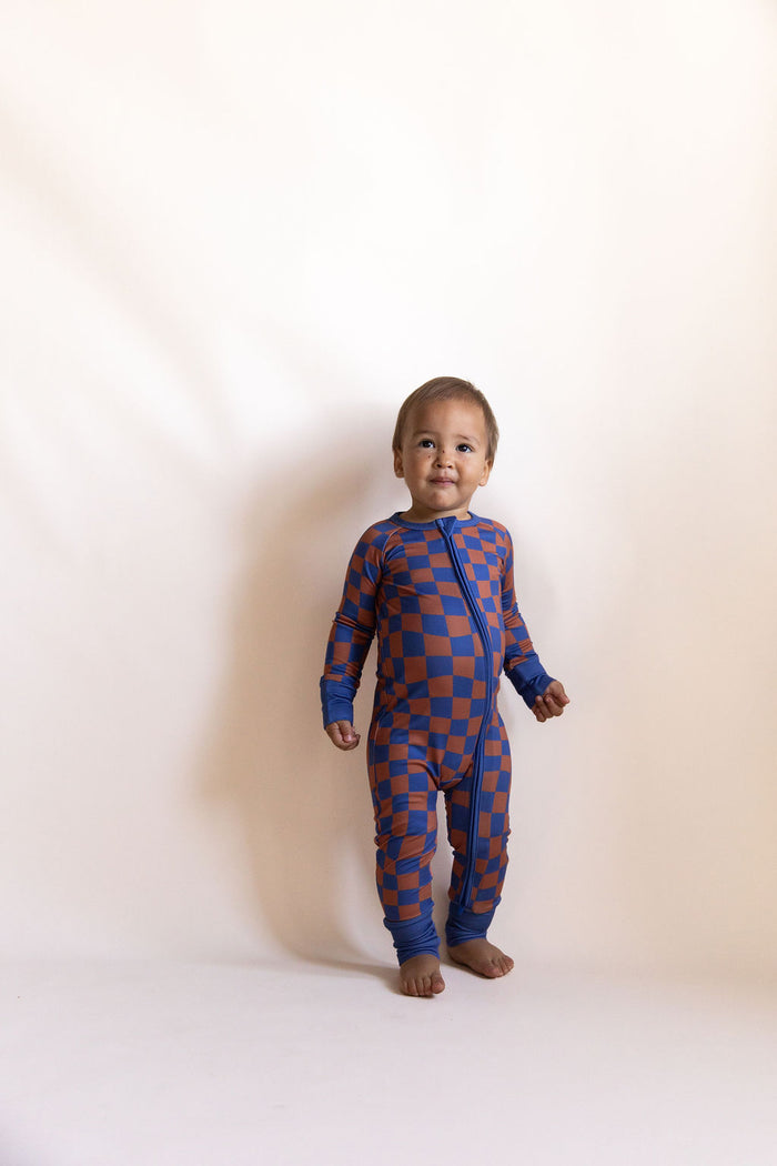 BROWN + ROYAL BLUE WAVY CHECKER | ZIPPER ONE PIECE