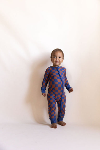 BROWN + ROYAL BLUE WAVY CHECKER | ZIPPER ONE PIECE