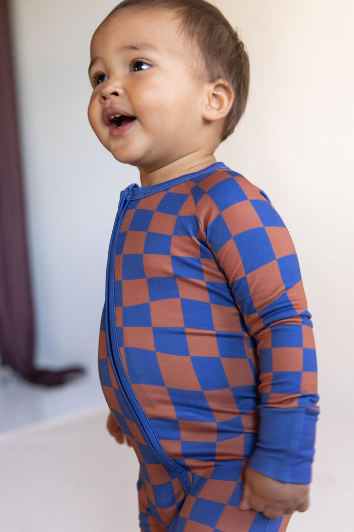 BROWN + ROYAL BLUE WAVY CHECKER | ZIPPER ONE PIECE