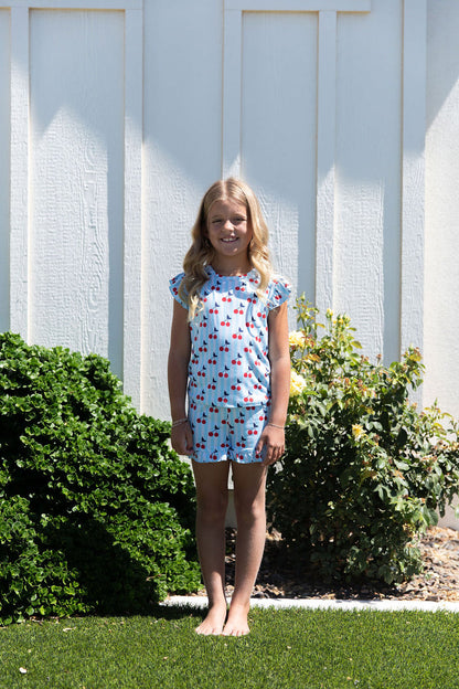 CHERRY STRIPES | RUFFLE SHORT SET