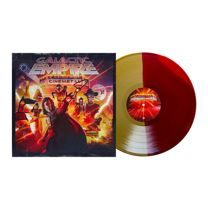 The image features a Galactic Empire Soundtrack LP, with a half-red, half-gold vinyl and a vivid album cover showcasing sci-fi characters in dramatic action poses.