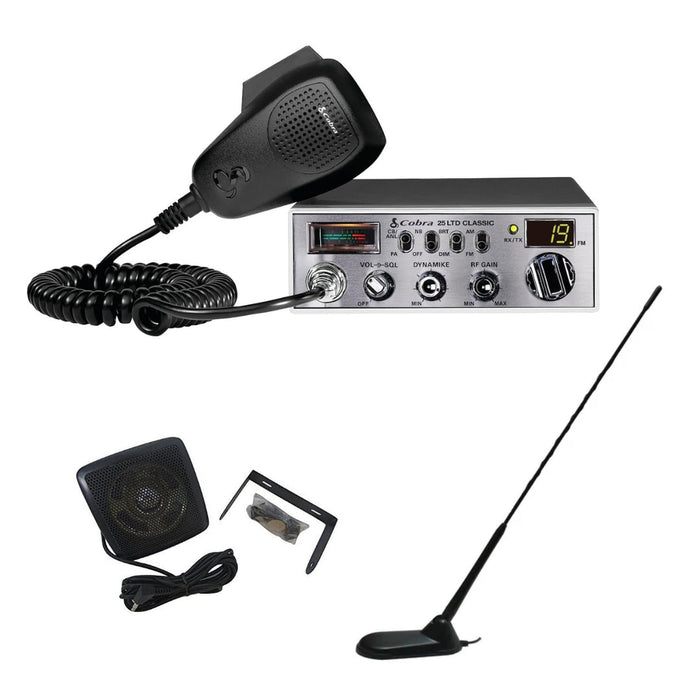 Cobra 25 LTD Classic 40 Channel AM FM CB Radio, Virginia CB Antenna, 3 inch External Speaker Combo - CB Radio Supply