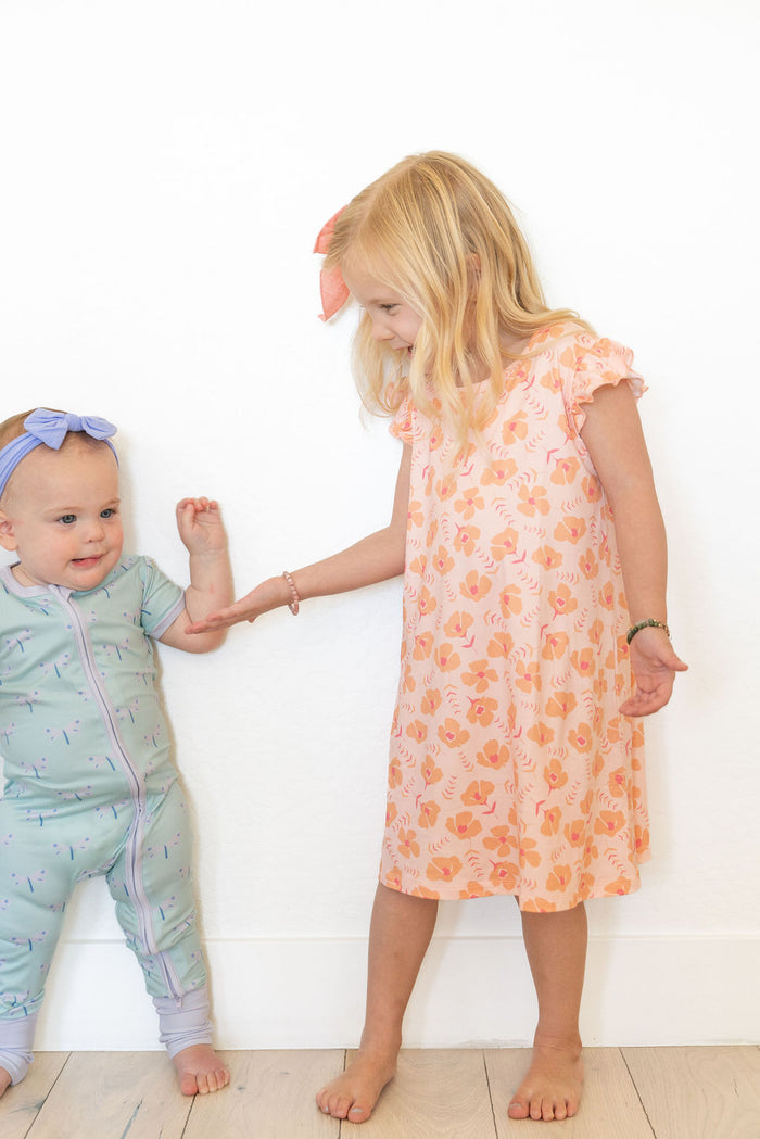 CORAL + ORANGE | RUFFLE SLEEVE DRESS