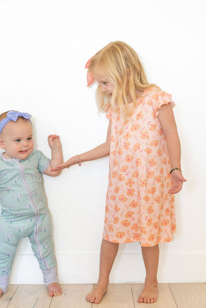 CORAL + ORANGE | RUFFLE SLEEVE DRESS
