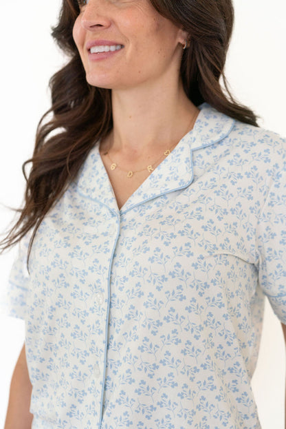 DAINTY BLUE FLORAL | WOMEN'S BUTTON UP SHORT SLEEVE SET