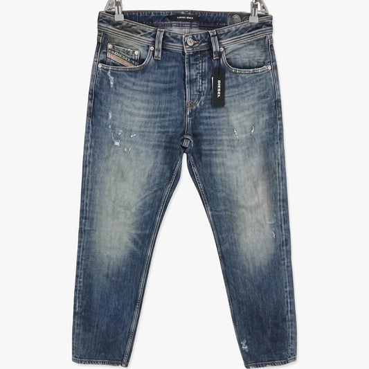 Diesel Mens Larkee Beex blue distressed denim jeans with button fly, metal rivets, and hangtag.