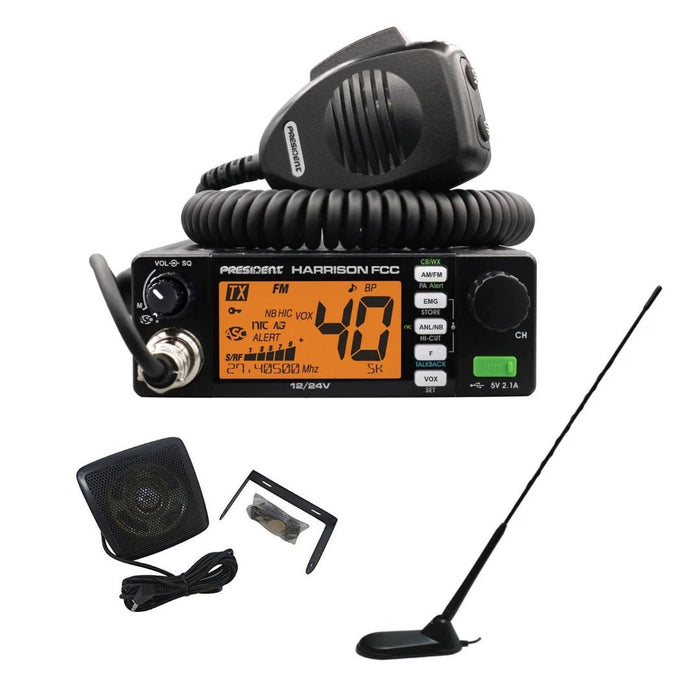 FCC President Harrison 40 Channel AM/FM CB Radio, Virginia CB Antenna, 3 inch External Speaker Combo - CB Radio Supply