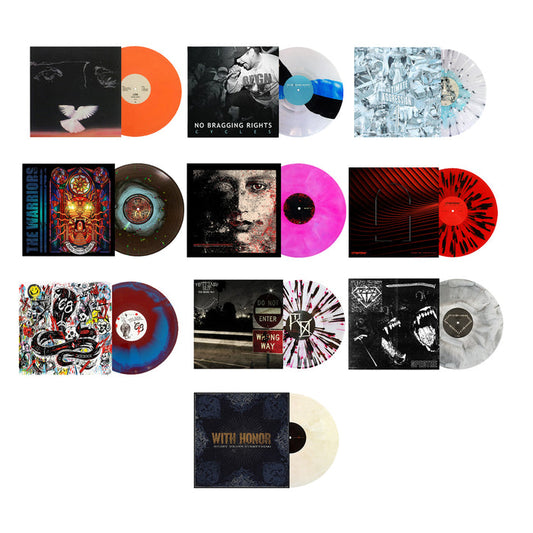 Fourteen limited edition vinyl records with unique album covers and colorful discs, arranged in a grid pattern on a white background. Each vinyl features different artwork and vivid record colors, including orange, red, blue, black, and marbled designs—perfect for collectors seeking a standout colored vinyl bundle.