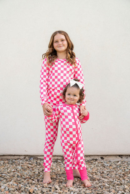 HOT PINK + WHITE CHECKER | ZIPPER ONE PIECE