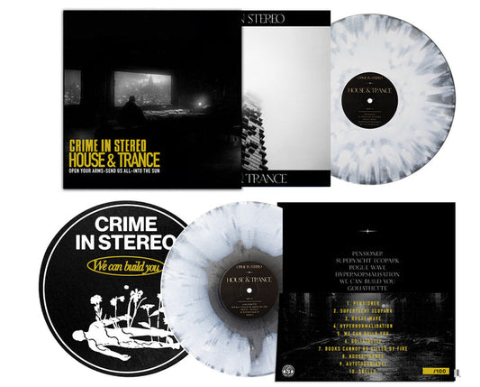 Limited edition Crime In Stereo “House & Trance” LP bundle includes a marbled white/black vinyl, album art, tracklist, and a round slipmat with yellow and white graphics. Presale available now.