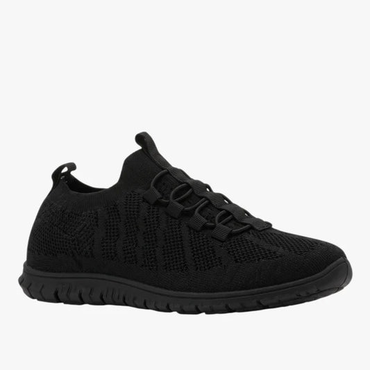 Hush Puppies Women's Nansia sneaker in black, featuring a knitted upper and convenient toggle laces for a comfortable