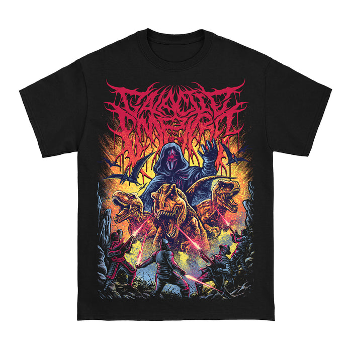 A Galactic Empire black T-shirt with a vivid hooded figure above roaring dinosaurs and battling warriors, set against intense flames and rocks, topped by a red jagged band logo.