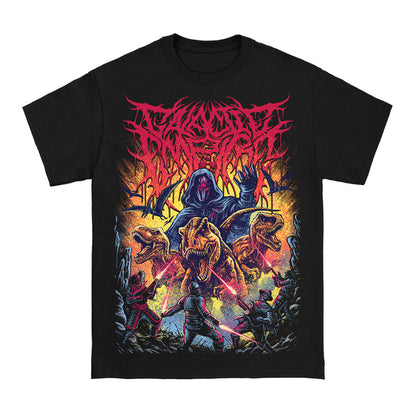 A Galactic Empire black T-shirt with a vivid hooded figure above roaring dinosaurs and battling warriors, set against intense flames and rocks, topped by a red jagged band logo.