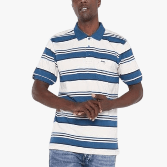 Jeep Mens Multi Stripe Short Sleeve Golfer Deep Ocean Kahki | Jeep
