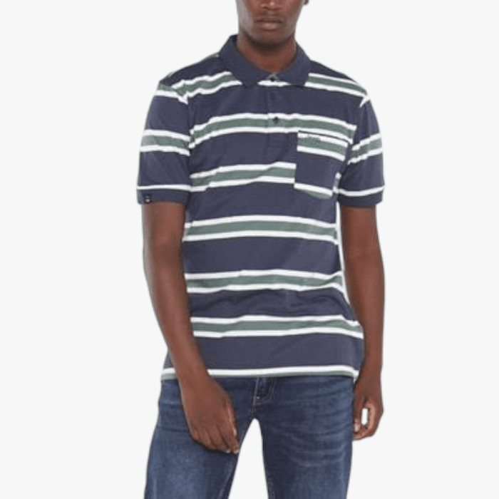 Jeep Mens Yd Multi Stripe Short Sleeve Golfer Navy | Jeep