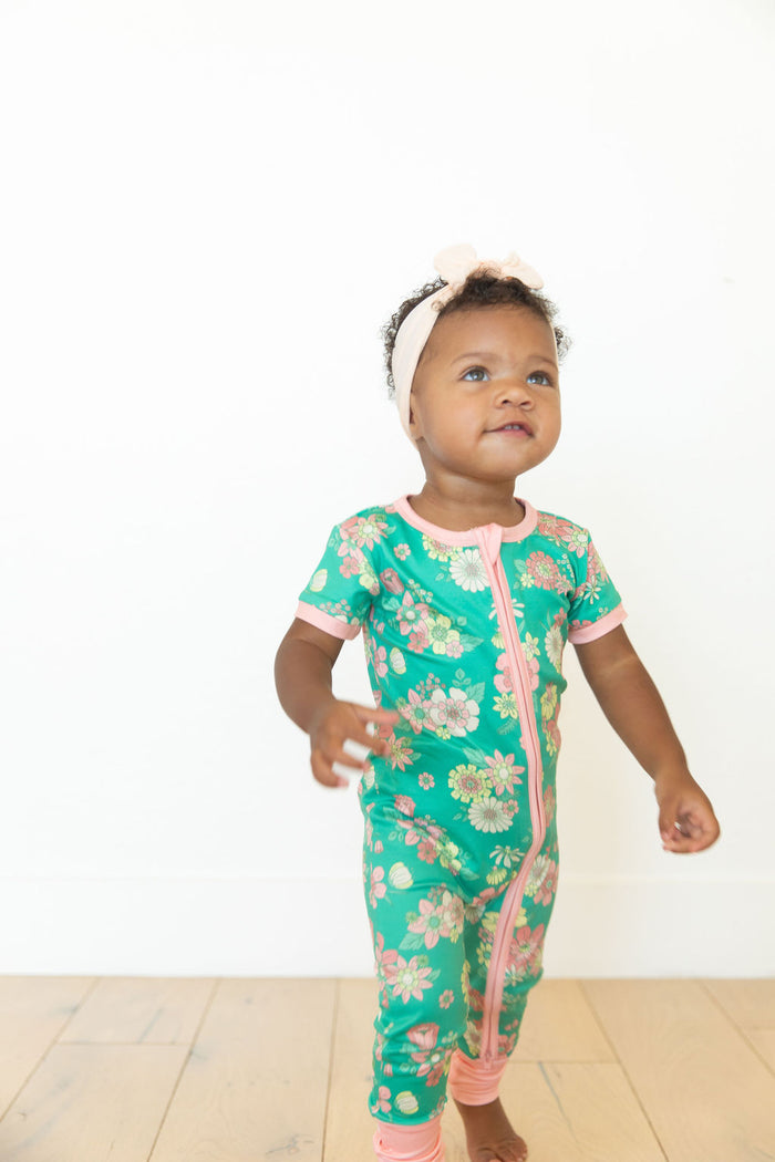 KELLY GREEN + PINK RETRO DAISIES | NEW* SHORT SLEEVE ZIPPER ONE PIECE