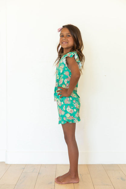 KELLY GREEN + PINK RETRO DAISIES | RUFFLE SHORT SET