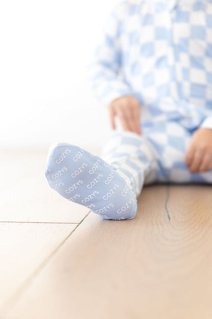 LIGHT BLUE + WHITE CHECKER | FOOTIE ONE PIECE