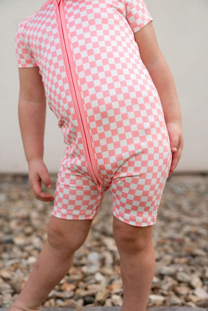LIGHT PINK + WHITE CHECKER | SHORT ZIPPER ONE PIECE