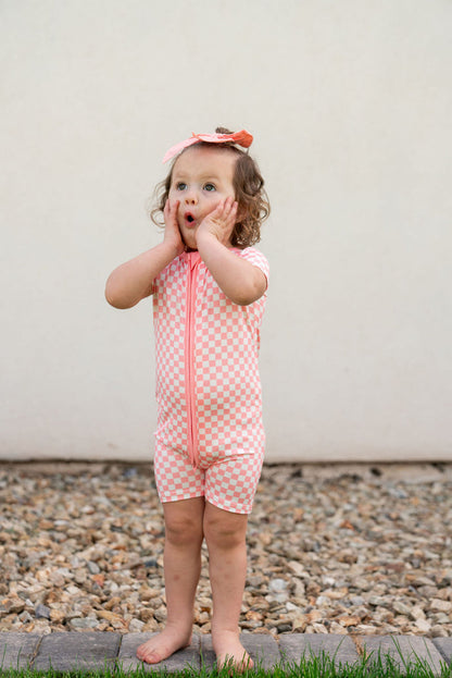 LIGHT PINK + WHITE CHECKER | SHORT ZIPPER ONE PIECE