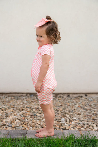 LIGHT PINK + WHITE CHECKER | SHORT ZIPPER ONE PIECE
