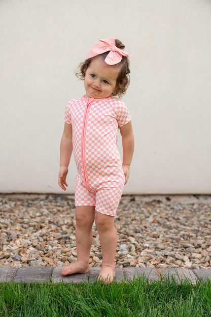 LIGHT PINK + WHITE CHECKER | SHORT ZIPPER ONE PIECE